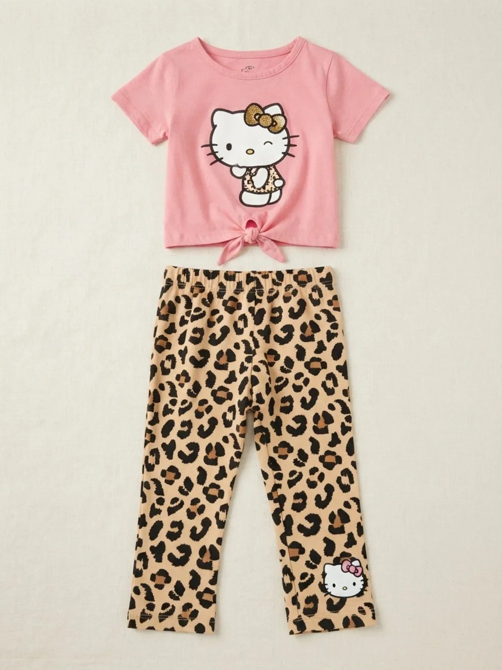 Hello Kitty Girls' Pink Tie-Front Pajama Top and Leopard Print Pants